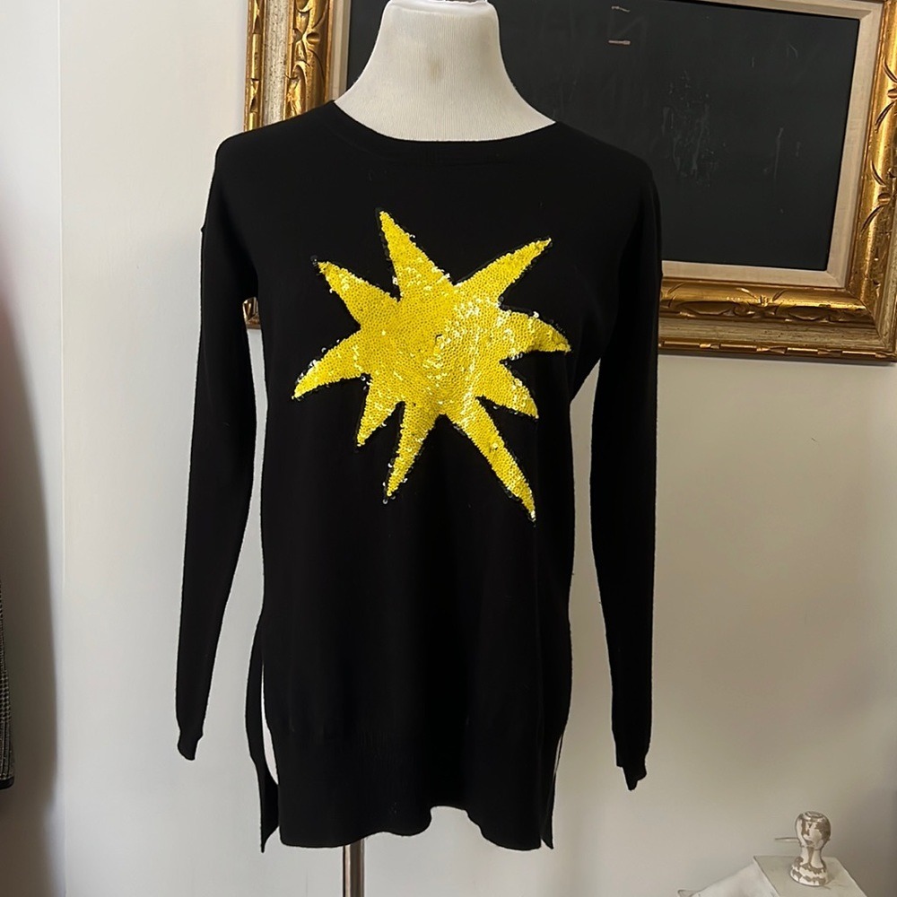 Markus Lupfer black merino wool crew neck sweater pullover yellow sequin star
